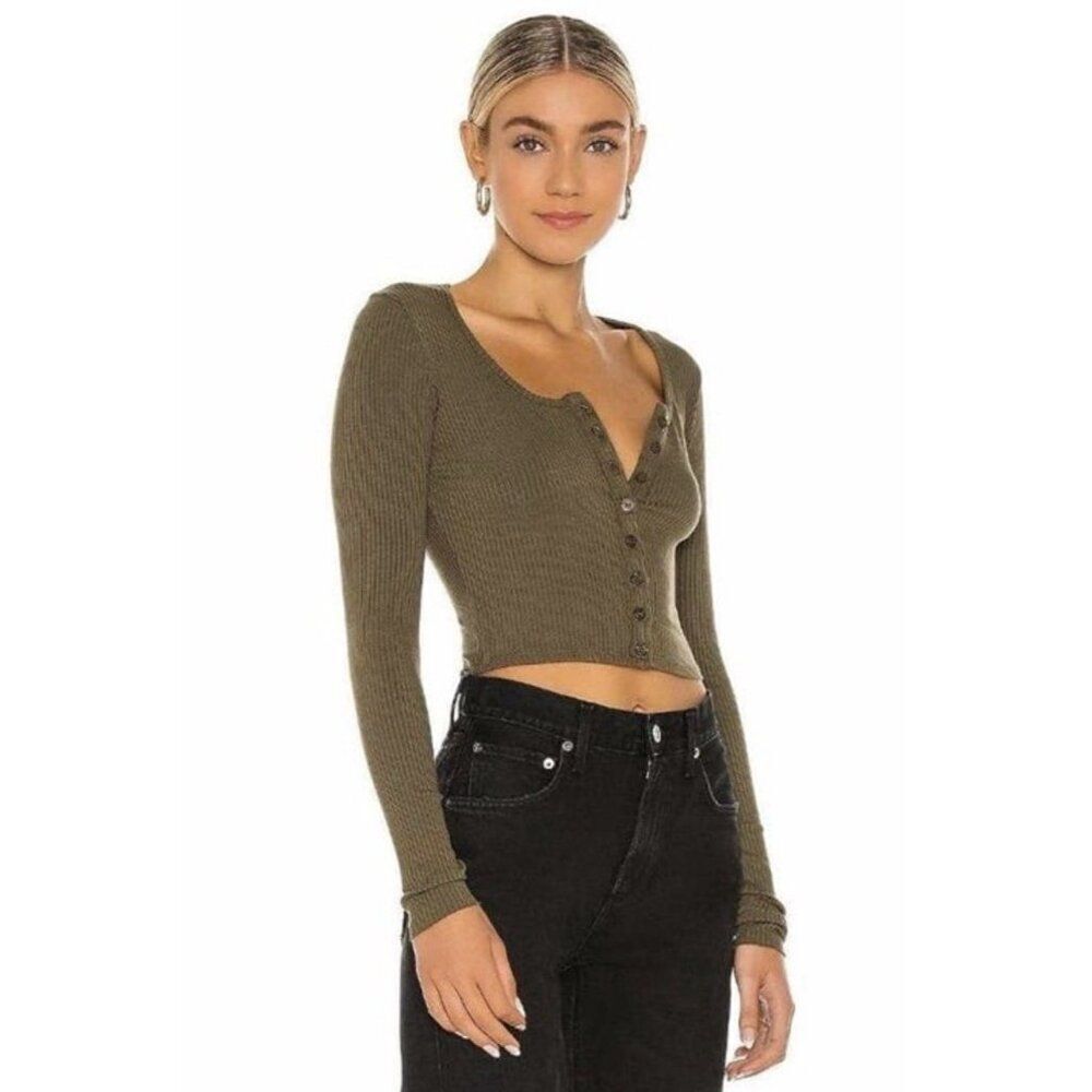 the range green brown ribbed knit Alloy crop long sleeve cardigan Top Fitted Xs